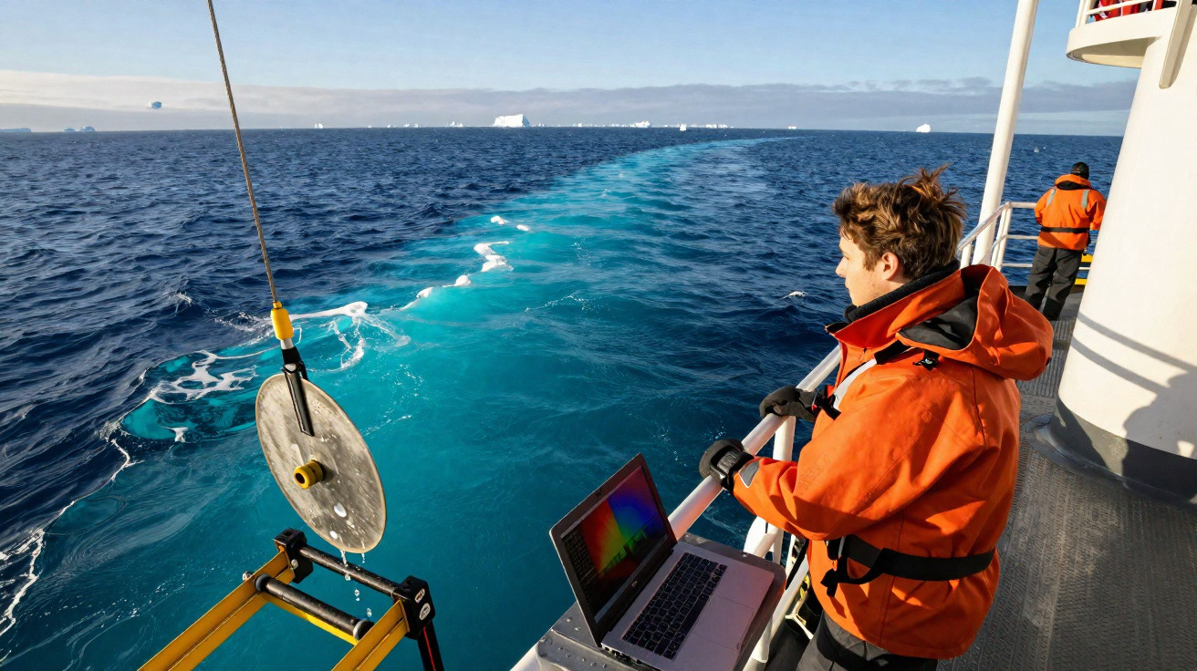 Pessoa com fato laranja observa o mar a partir de um barco com laptop e equipamento científico.