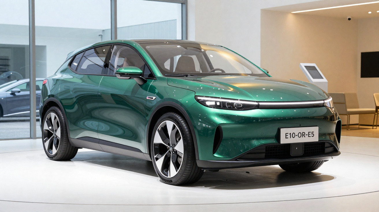Carro elétrico verde metalizado estacionado numa sala de exposição moderna e iluminada.