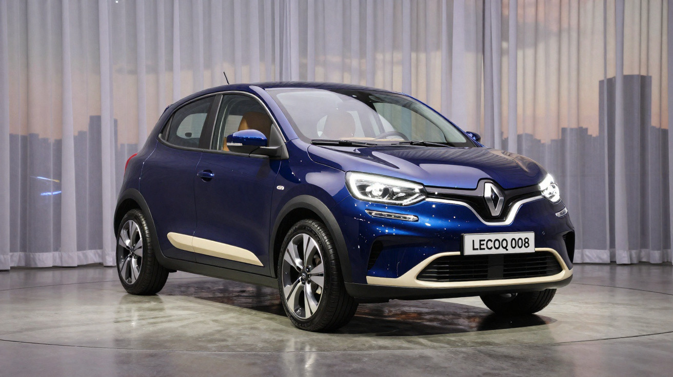 Renault LECOQ 008 azul estacionado em espaço interior com cortinas cinzentas ao fundo.