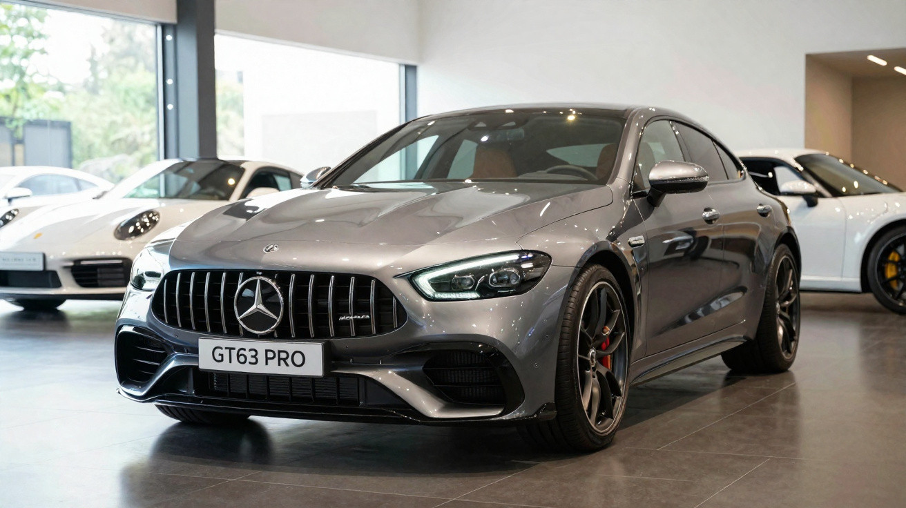 Carro desportivo Mercedes-Benz cinzento estacionado numa sala de exposição com outros carros brancos ao fundo.