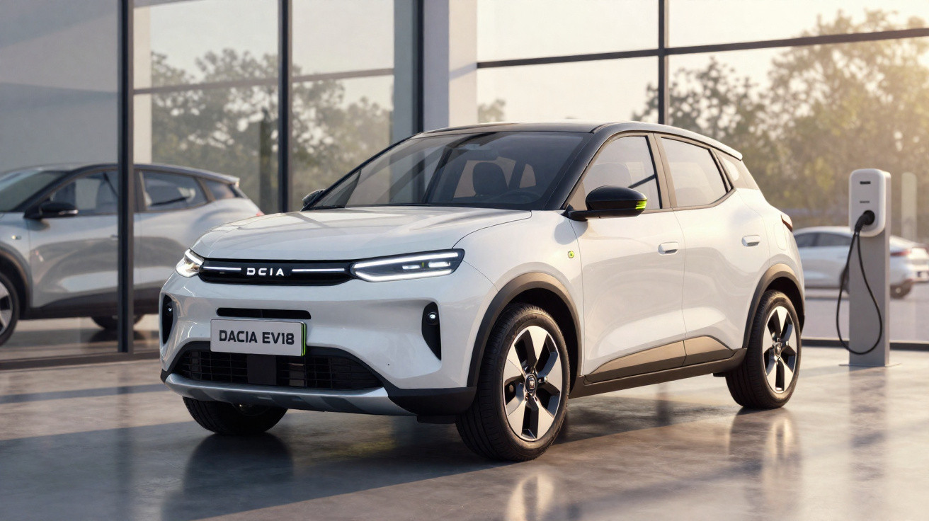 Carro elétrico branco Dacia EV1B estacionado com carregador ligado junto a prédio com vidro.