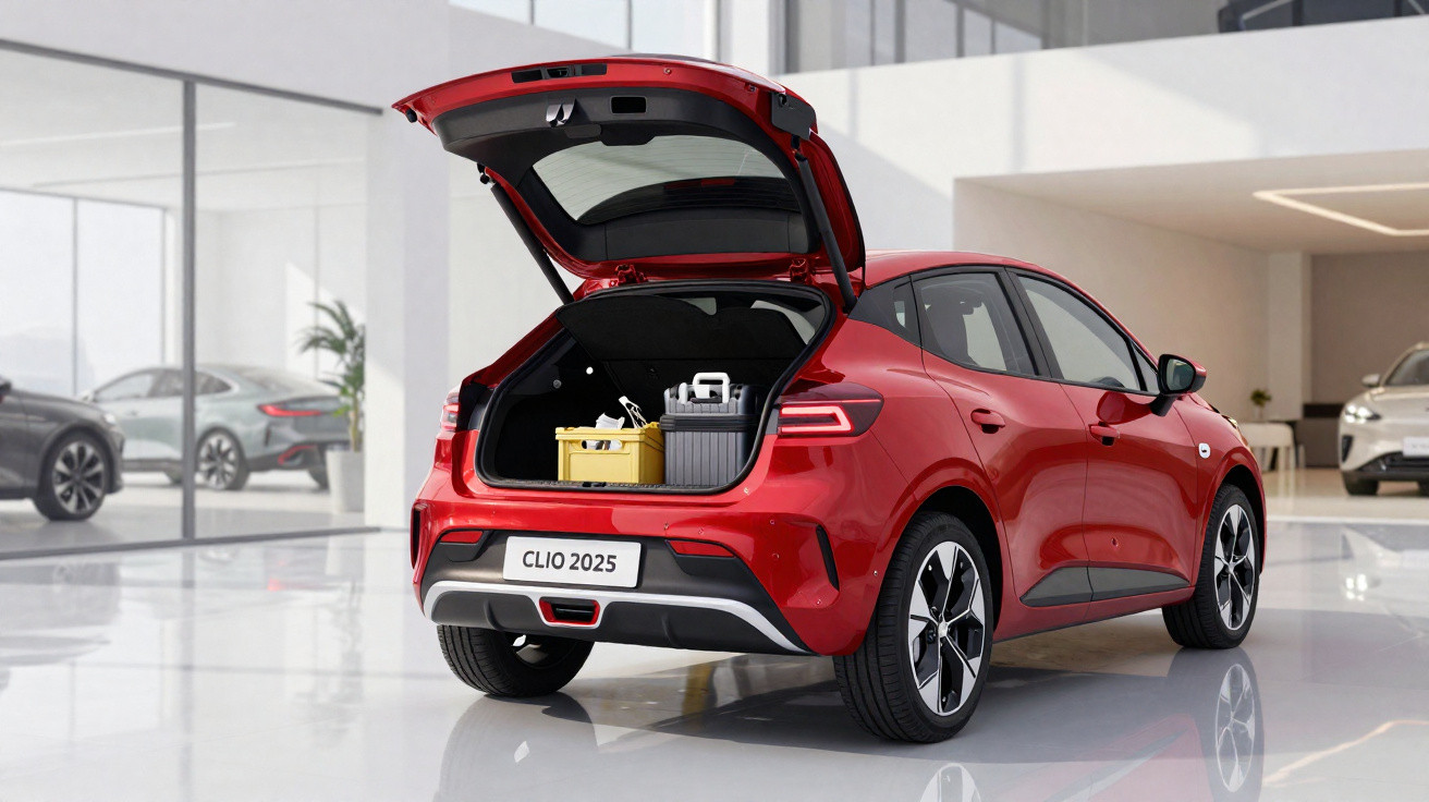 Carro vermelho modelo Clio 2025 com porta-malas aberto e bagagem no interior, em showroom moderno.