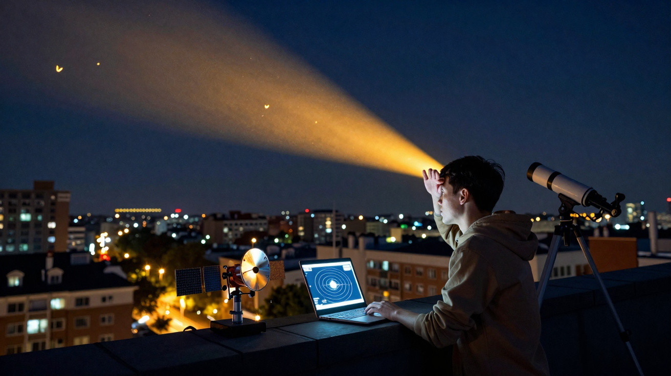Jovem num terraço à noite observa o céu com telescópio e computador, com luz amarela a iluminar o rosto.