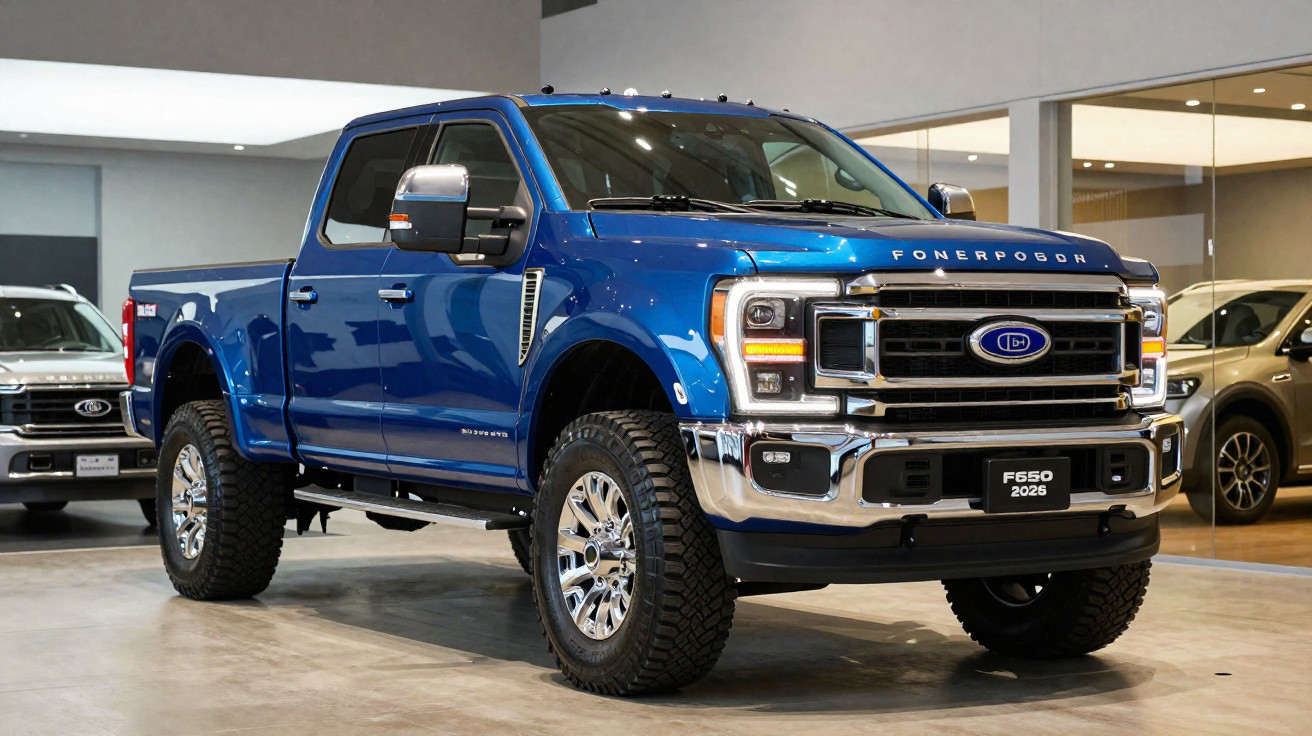 Pick-up azul F650 2025 em exposição num showroom moderno com chão de cimento polido.