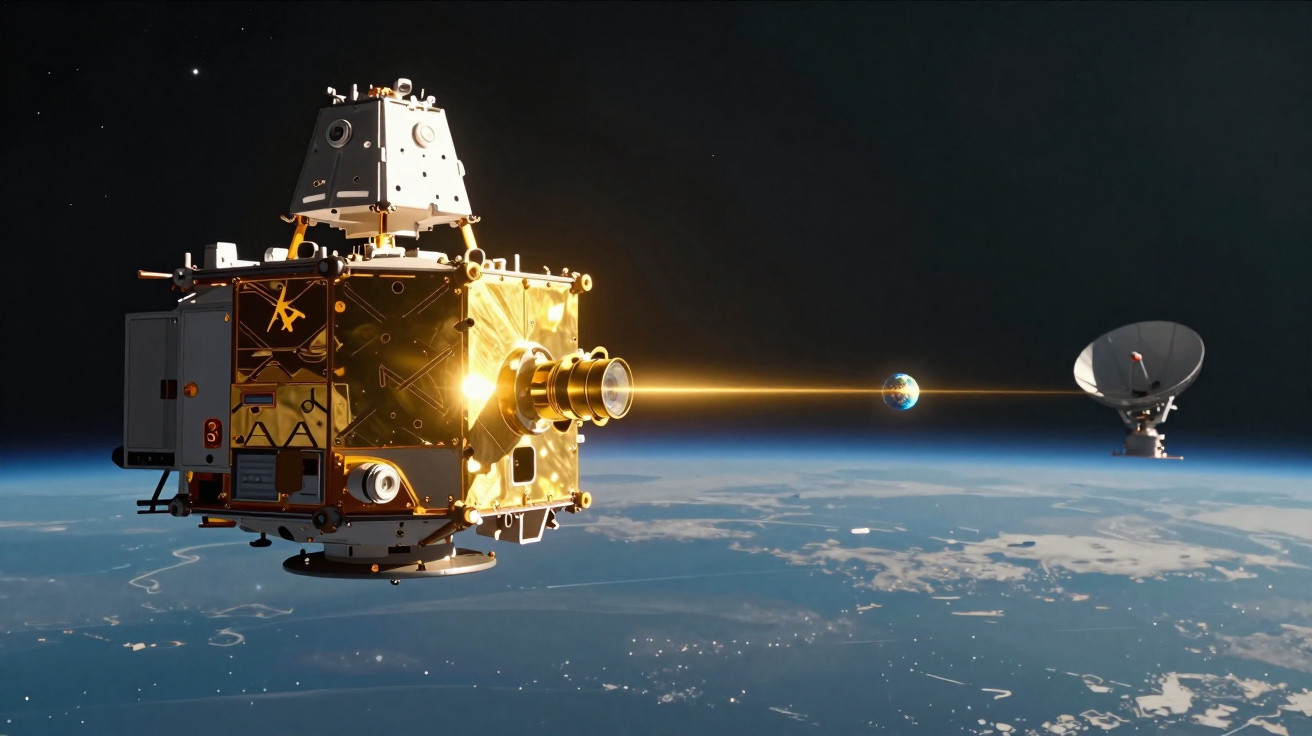 Imagem de satélite dourado em órbita da Terra com antena parabólica e feixe de luz dirigido ao planeta.