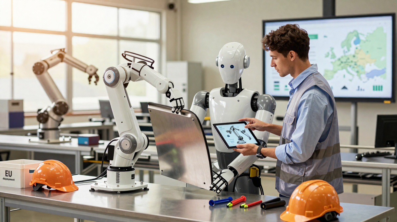 Engenheiro controla robô industrial com tablet numa oficina moderna cheia de equipamentos tecnológicos.