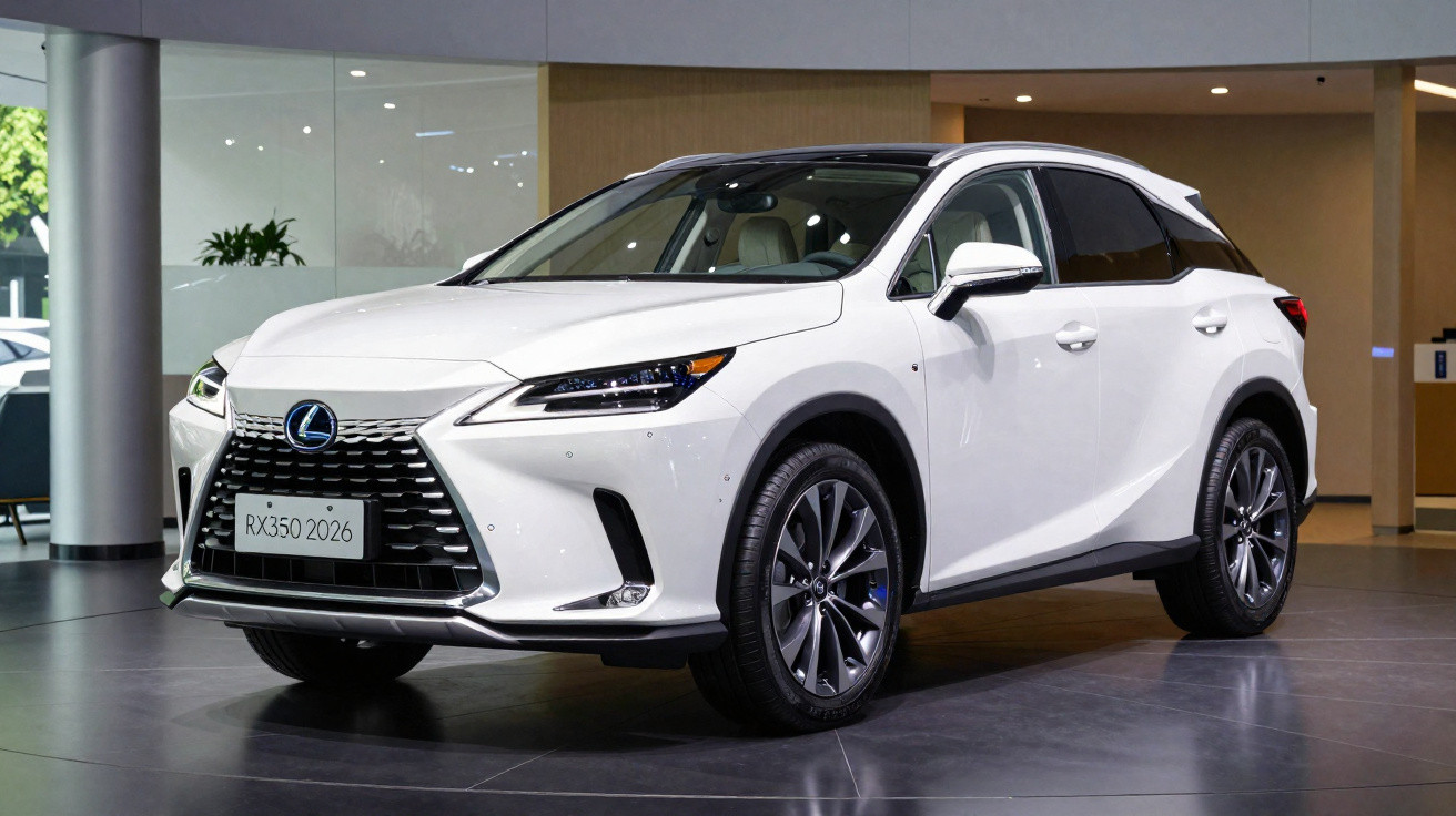 Carro Lexus RX 350 branco 2026 estacionado em showroom, vista frontal direita.