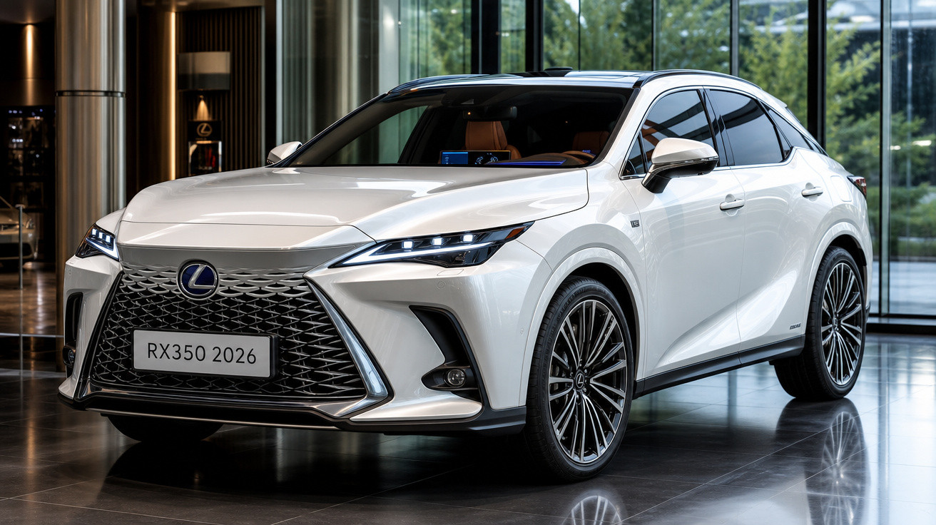 Lexus RX350 2026 branco estacionado interior com grandes jantes de liga leve e faróis LED afilados.
