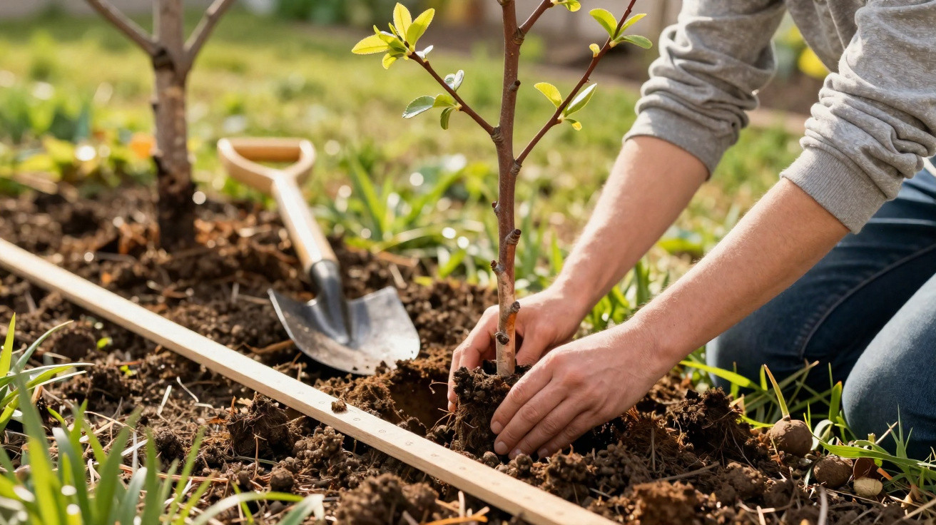 Pessoa a plantar uma árvore jovem no solo de um jardim, ao lado de uma enxada e uma régua de medição.