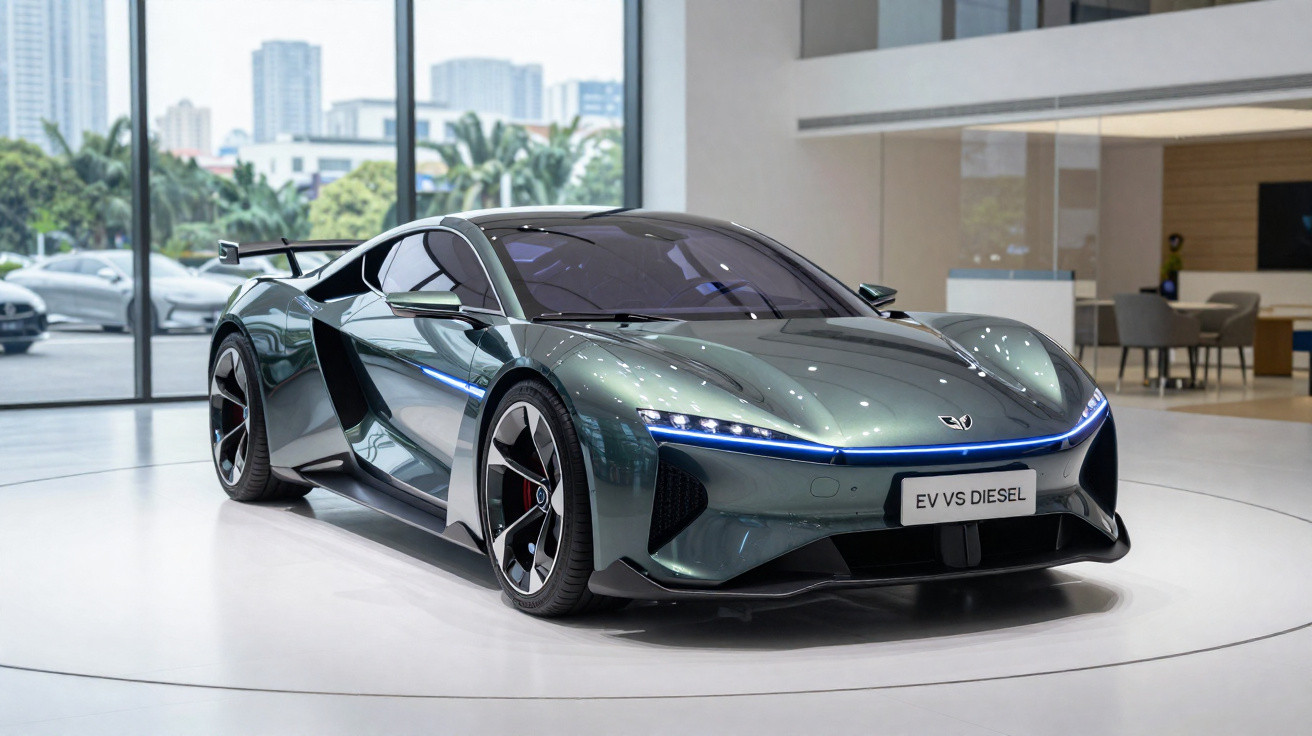 Carro desportivo elétrico verde metálico em exibição num salão moderno com janelas grandes.