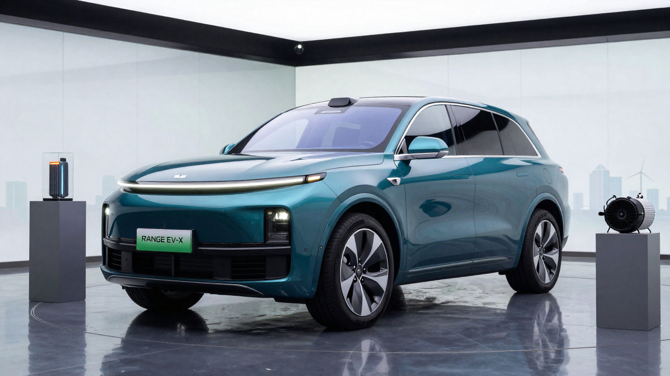 SUV elétrico azul estacionado em espaço moderno com chão refletor e objetos tecnológicos ao lado.