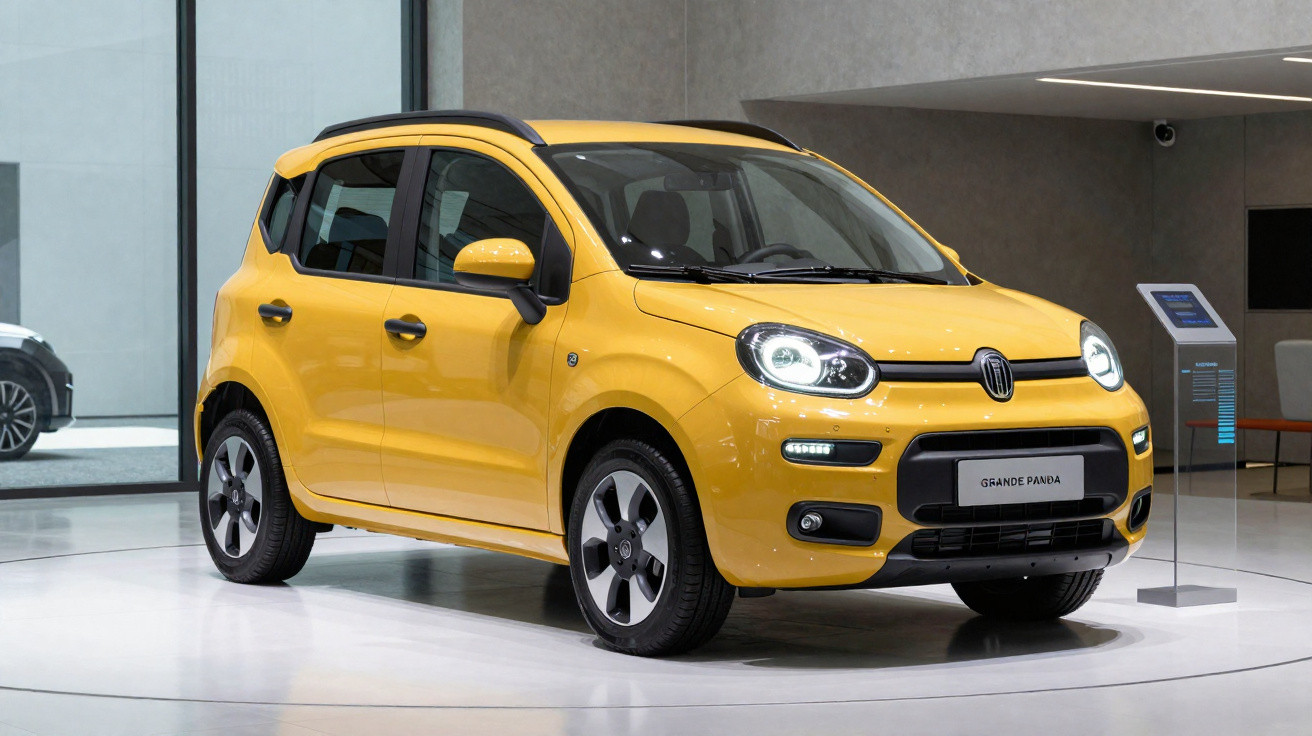 Carro citadino amarelo Fiat Grande Panda exposto em showroom moderno com luz suave e ambiente minimalista.