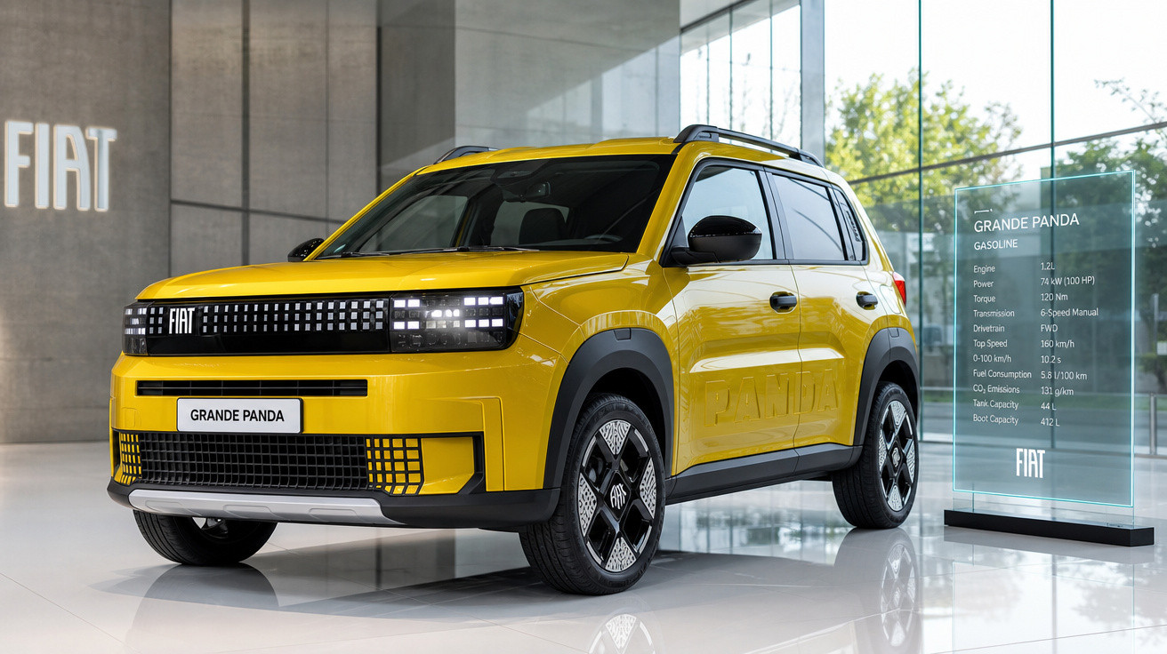 Carro SUV Fiat Grande Panda amarelo exposto em showroom moderno com grandes janelas de vidro.