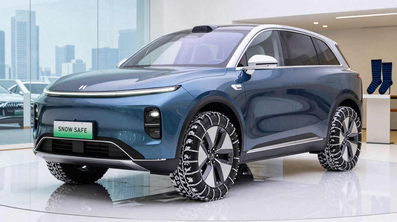 Veículo SUV elétrico azul com jantes grandes e pneus com padrão para neve, exibido num showroom moderno.