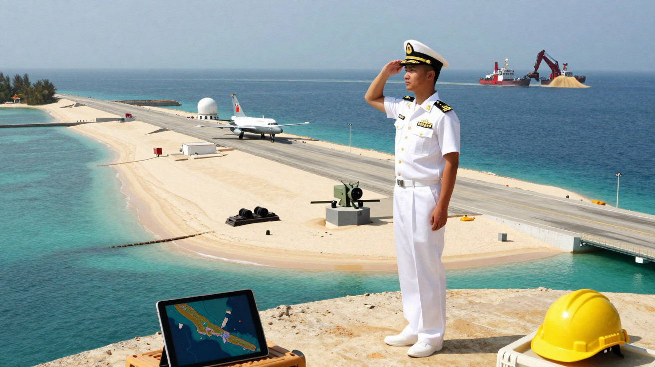 Marinheiro em uniforme branco a saudar numa ilha com pista de avião e mar ao redor, equipamentos no primeiro plano.