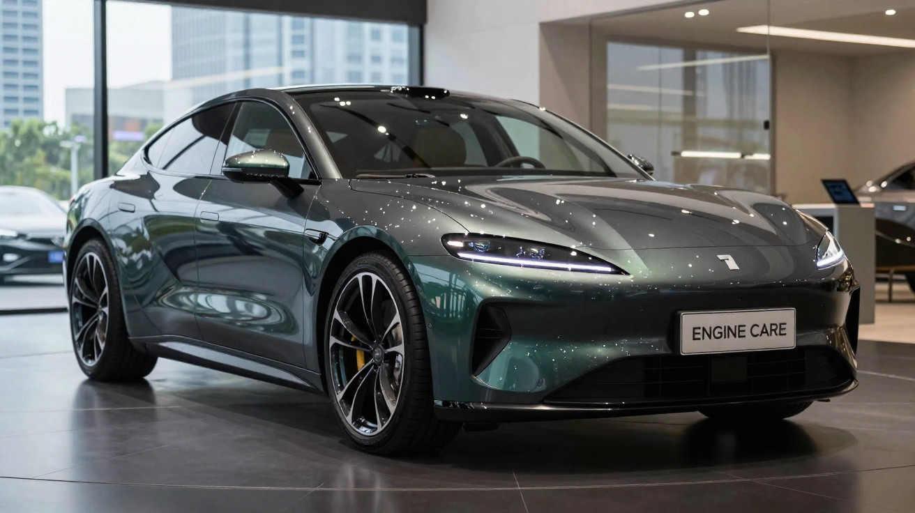 Carro elétrico verde escuro com design futurista exposto em showroom moderno com janelas grandes.