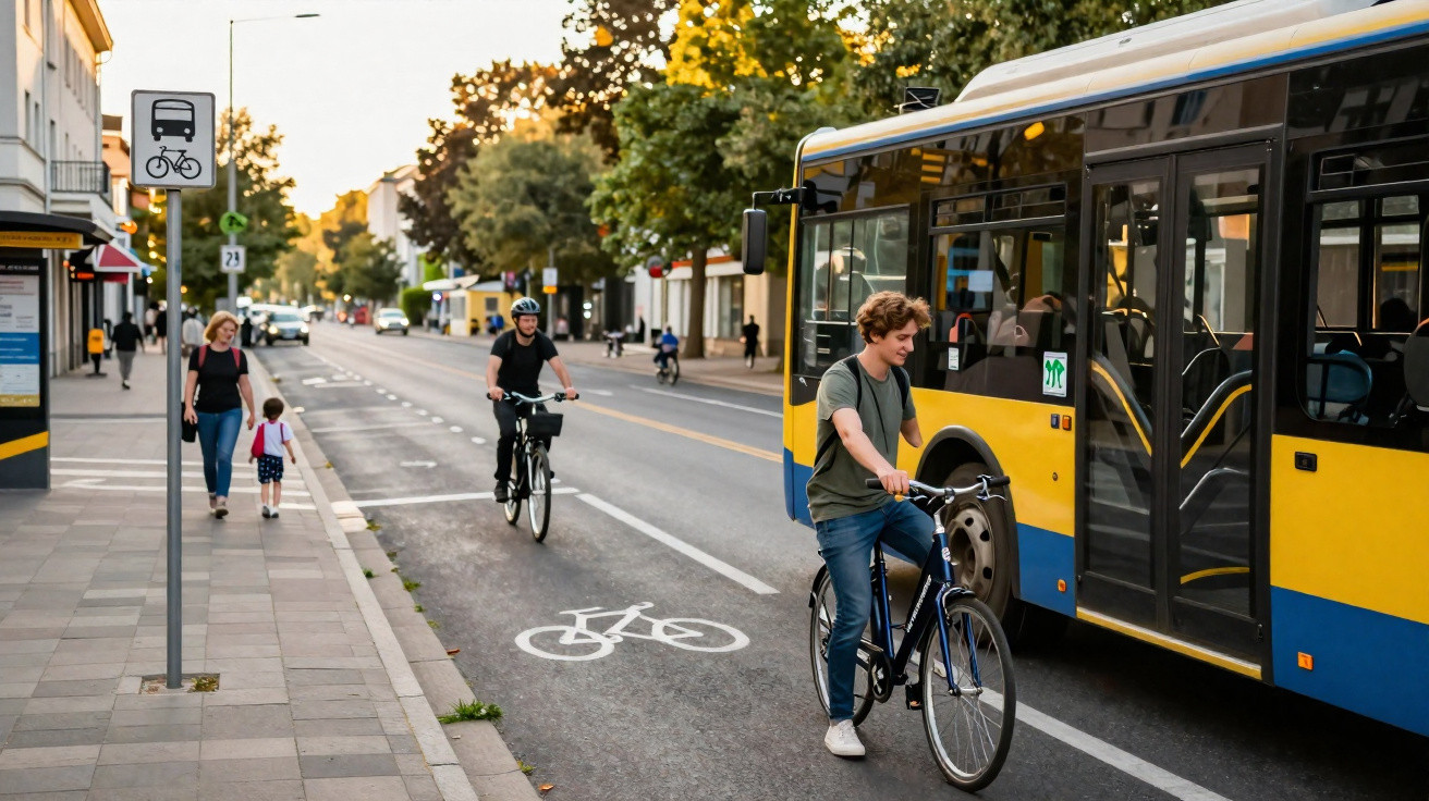 Jovens a andar de bicicleta na ciclovia junto a um autocarro numa rua urbana com peões no passeio.
