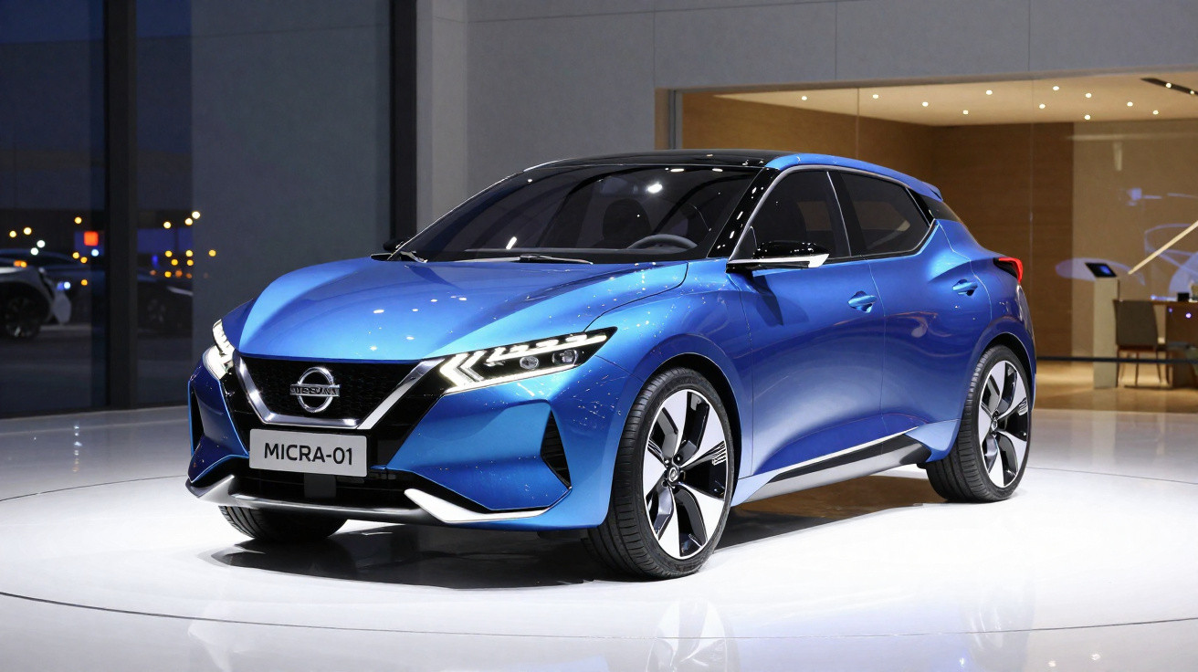 Carro elétrico Nissan Micra 01 azul em exposição numa área interior moderna e iluminada.
