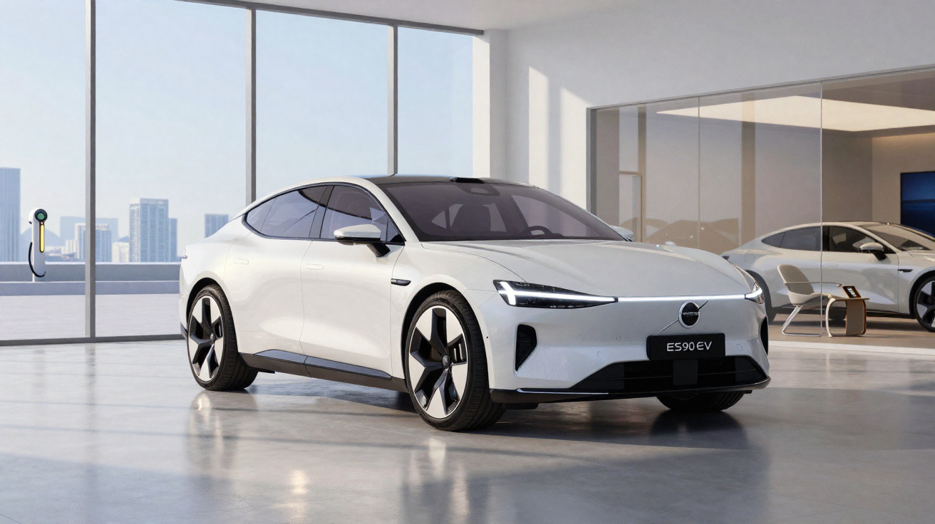 Carro elétrico branco Volvo ES90EV estacionado em garagem moderna com grandes janelas e cidades visíveis ao fundo.