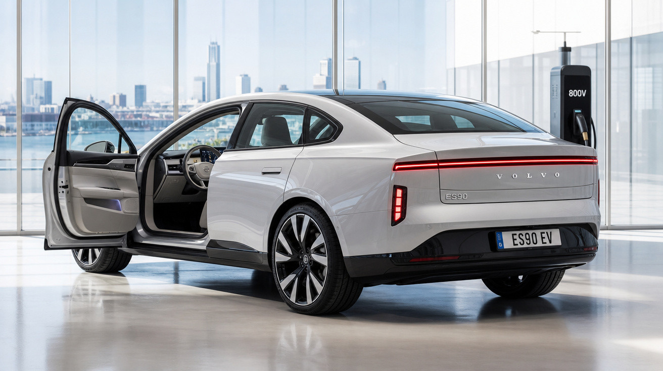 Carro elétrico Volvo ES90 EV branco num espaço moderno com portas abertas e carregador ligado.