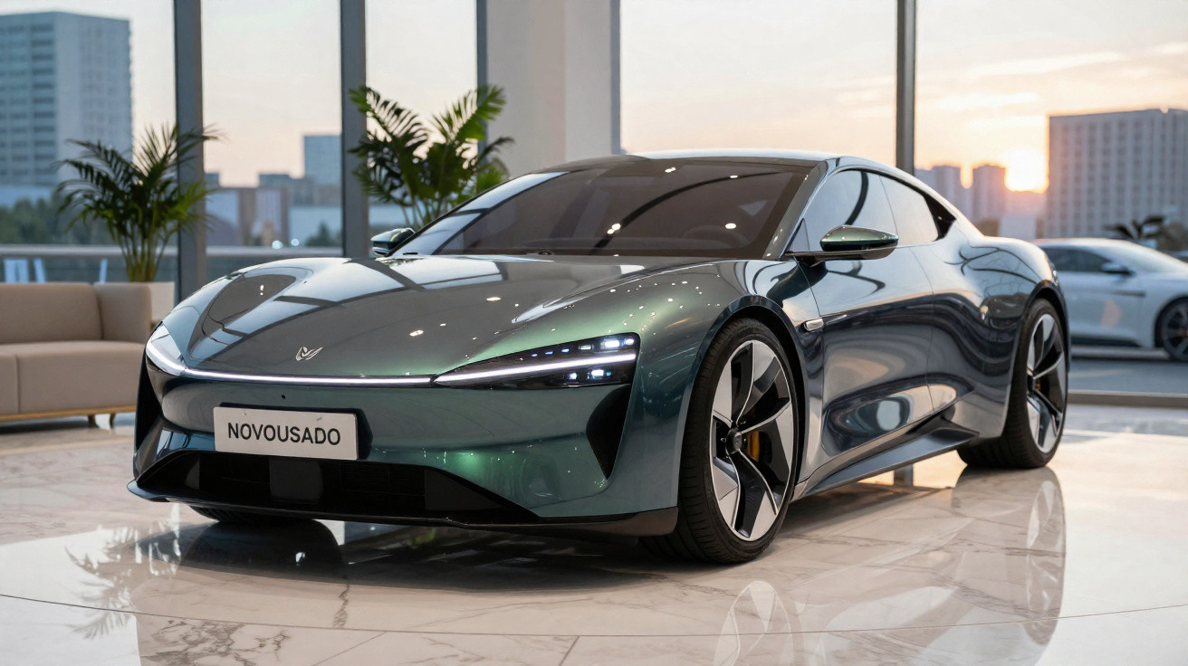 Carro desportivo elétrico cinza escuro em exposição num showroom moderno com janelas grandes.