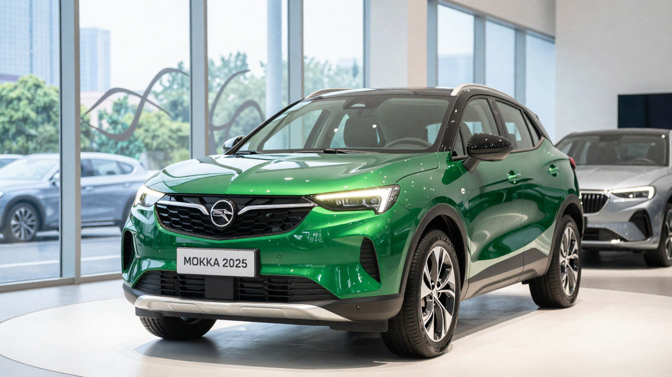 Automóvel SUV verde Opel Mokka 2025 em exposição num showroom moderno com grandes janelas.