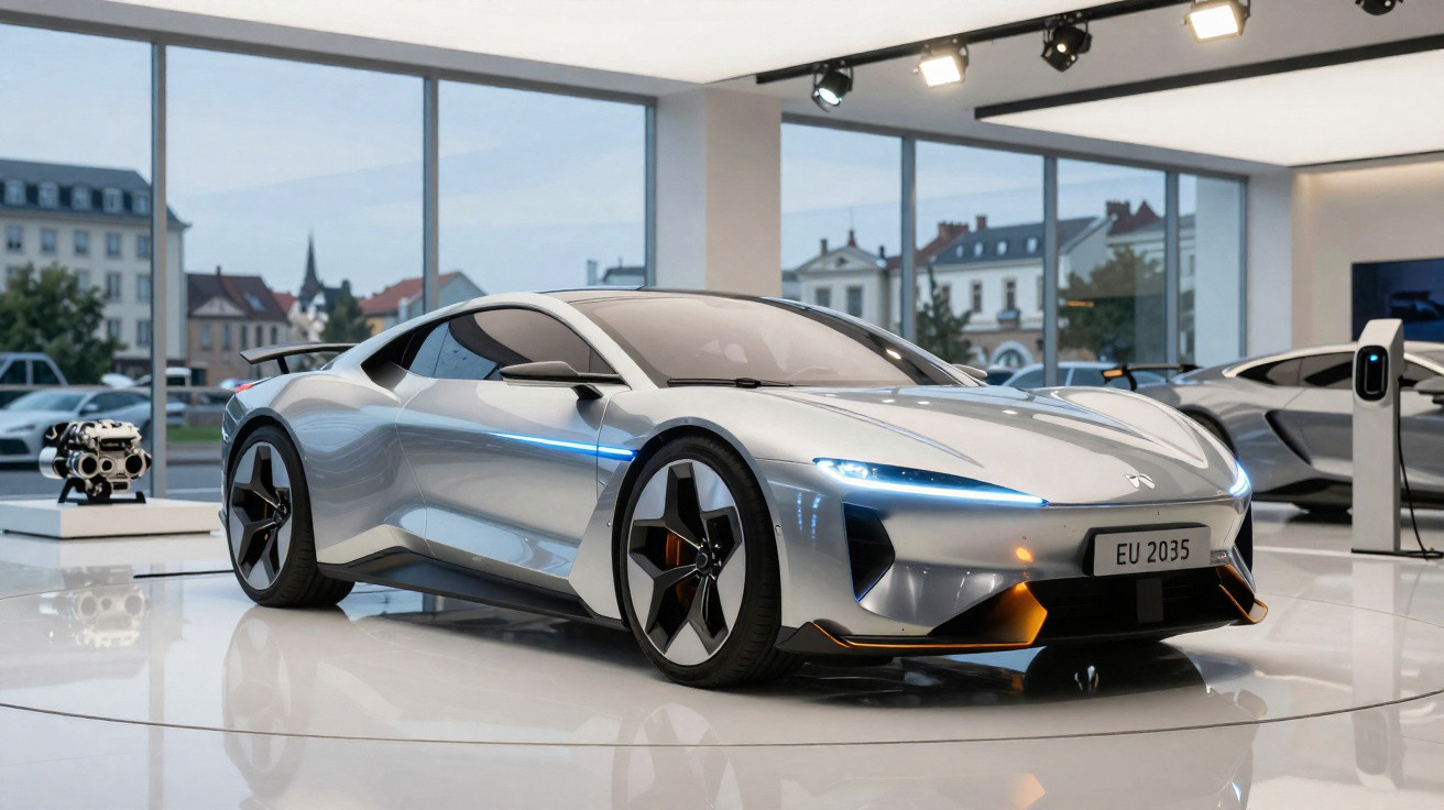 Carro desportivo elétrico prateado moderno em exposição numa sala com janelas grandes e vista urbana.