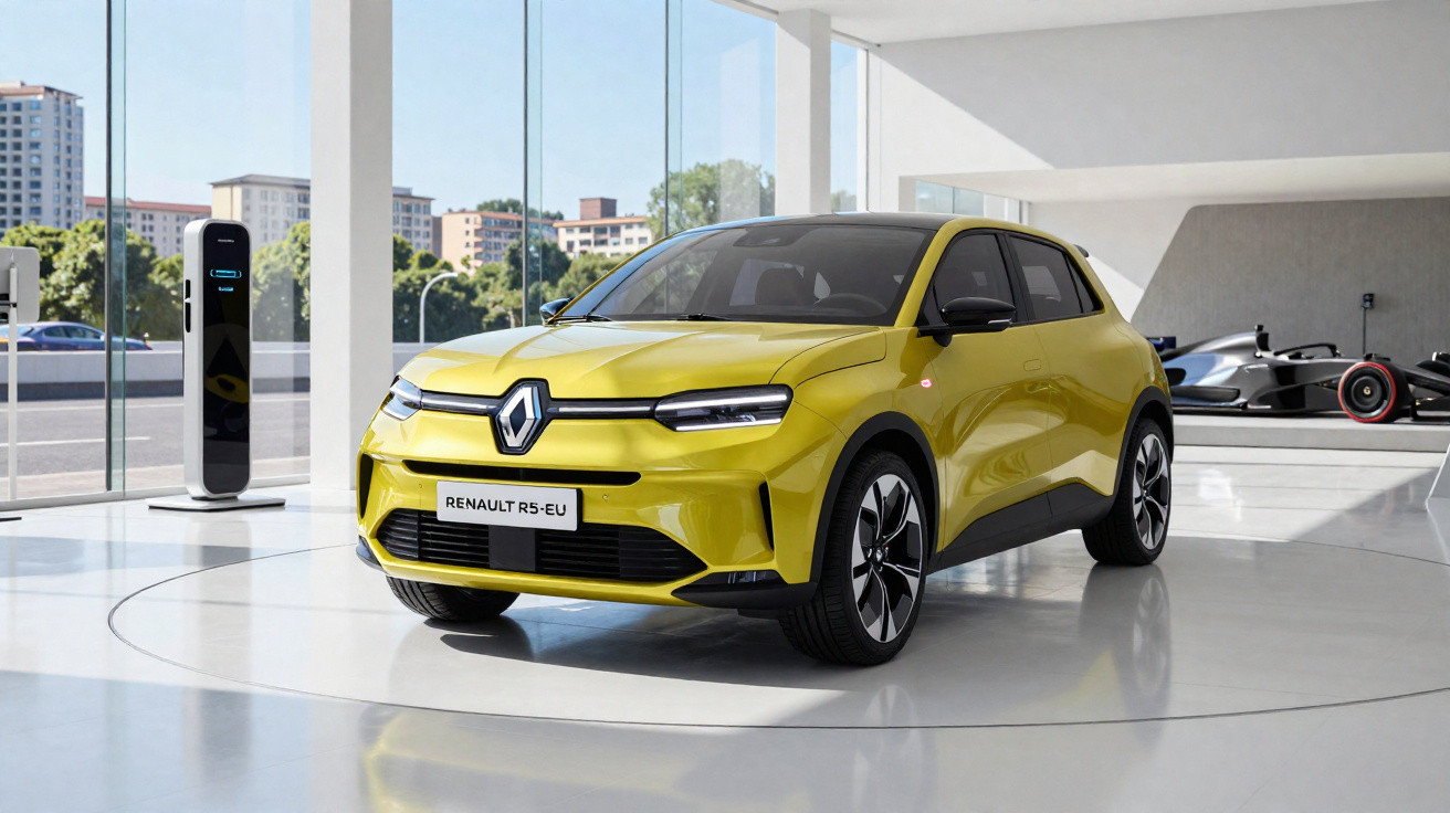Carro elétrico Renault RS-EU amarelo em exposição num showroom moderno com muita luz natural.