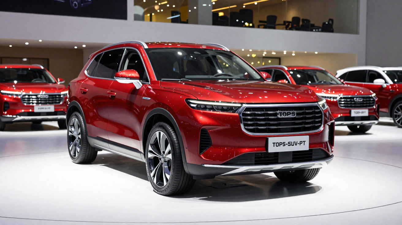 SUV vermelho brilhante exposto em salão automóvel, com centro de atenção em veículo da marca Tops.