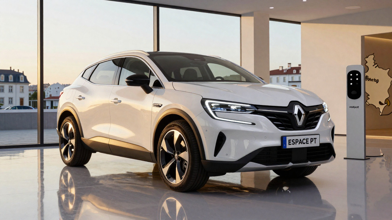 Carro elétrico Renault Espace branco em exposição, ligado a ponto de carregamento interior moderno.