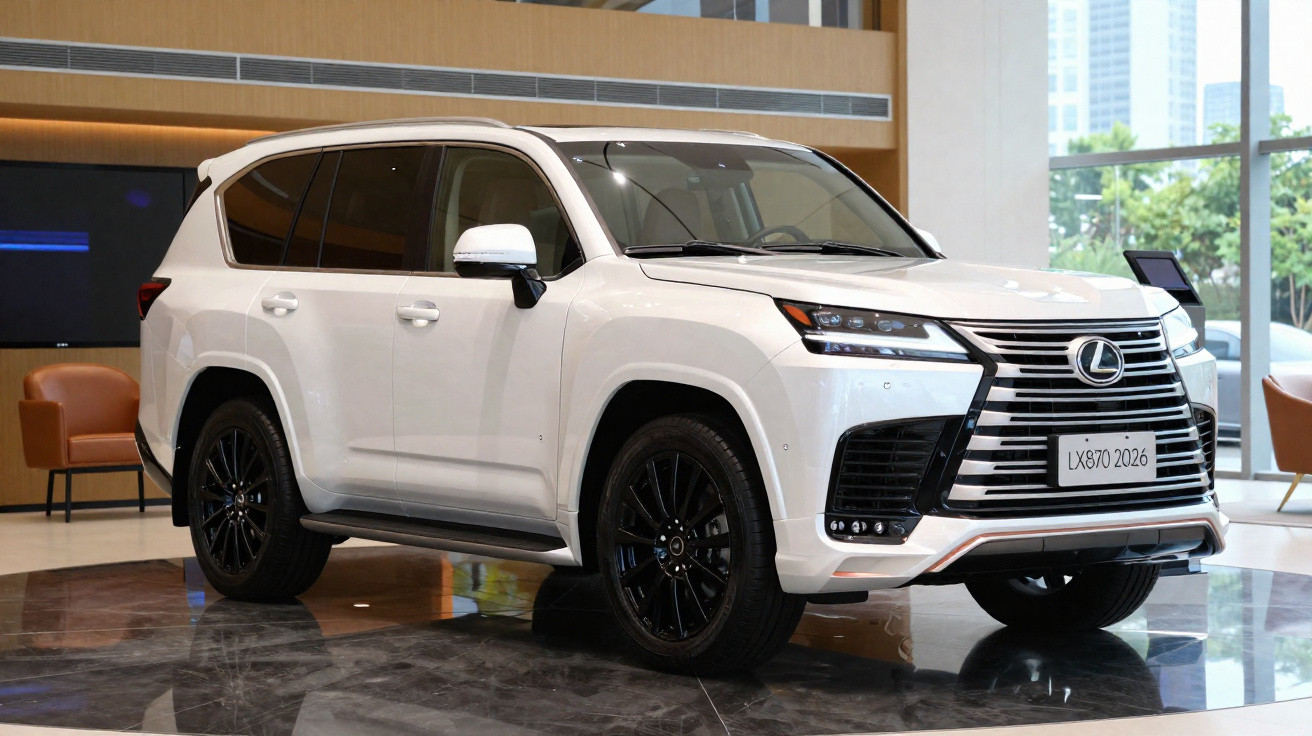 Carro SUV Lexus branco estacionado em ambiente interior moderno com cadeiras e janelas de vidro.