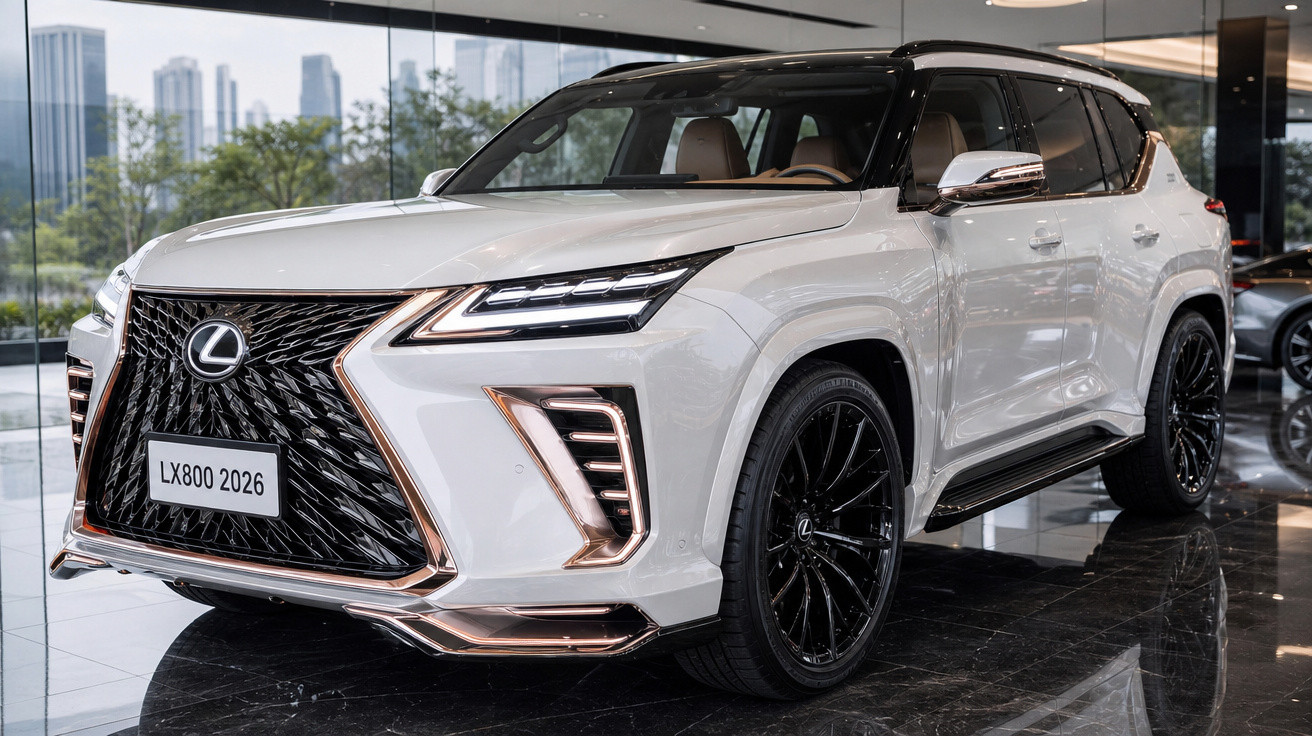 Carro SUV Lexus LX800 branco 2026 em exposição com detalhes cromados e rodas pretas brilhantes.