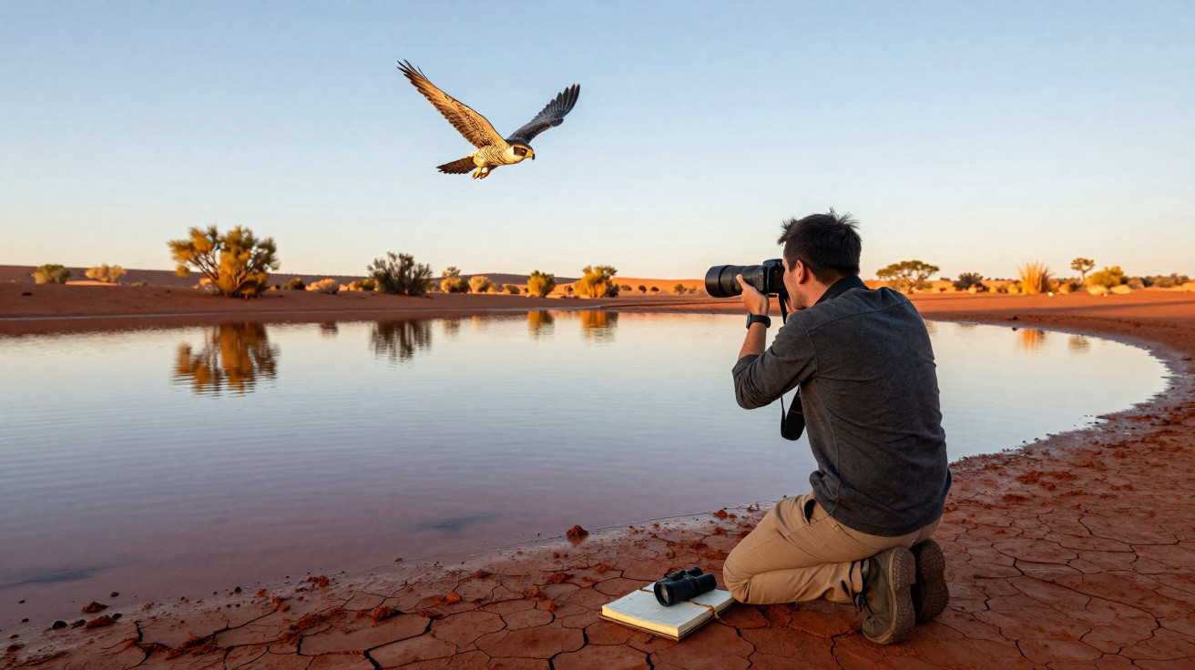 Fotógrafo sentado numa zona árida a tirar foto a águia em voo junto a um lago calmo ao pôr do sol.