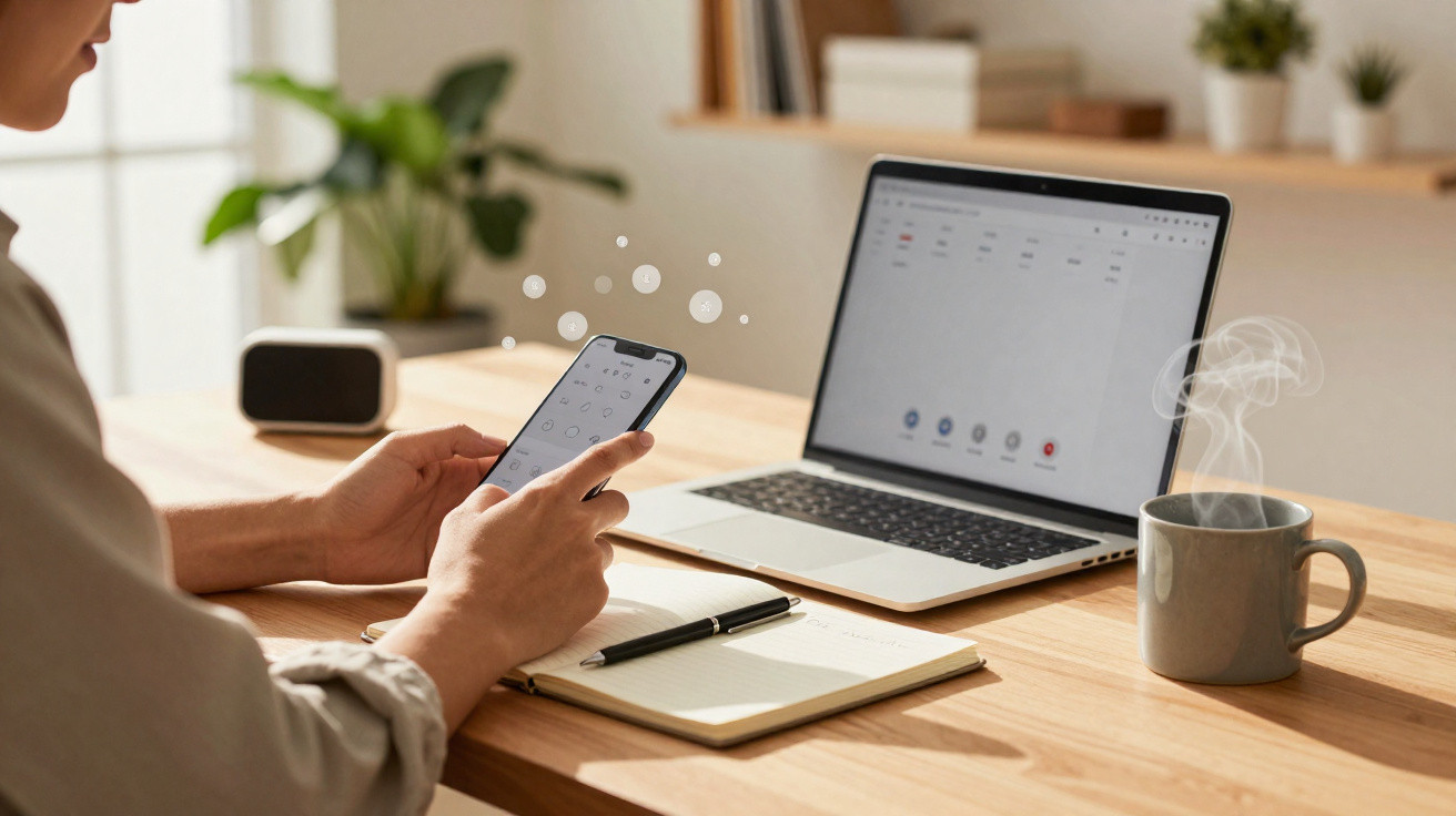 Pessoa a usar smartphone, com portátil aberto, caderno e chávena de chá na mesa de madeira num ambiente de trabalho.