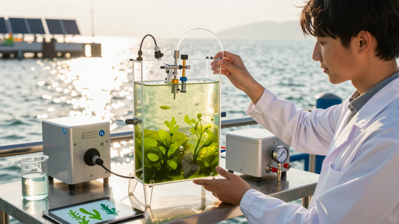 Cientista em bata verifica cultivo de plantas aquáticas num tanque de vidro junto ao mar ao pôr do sol.