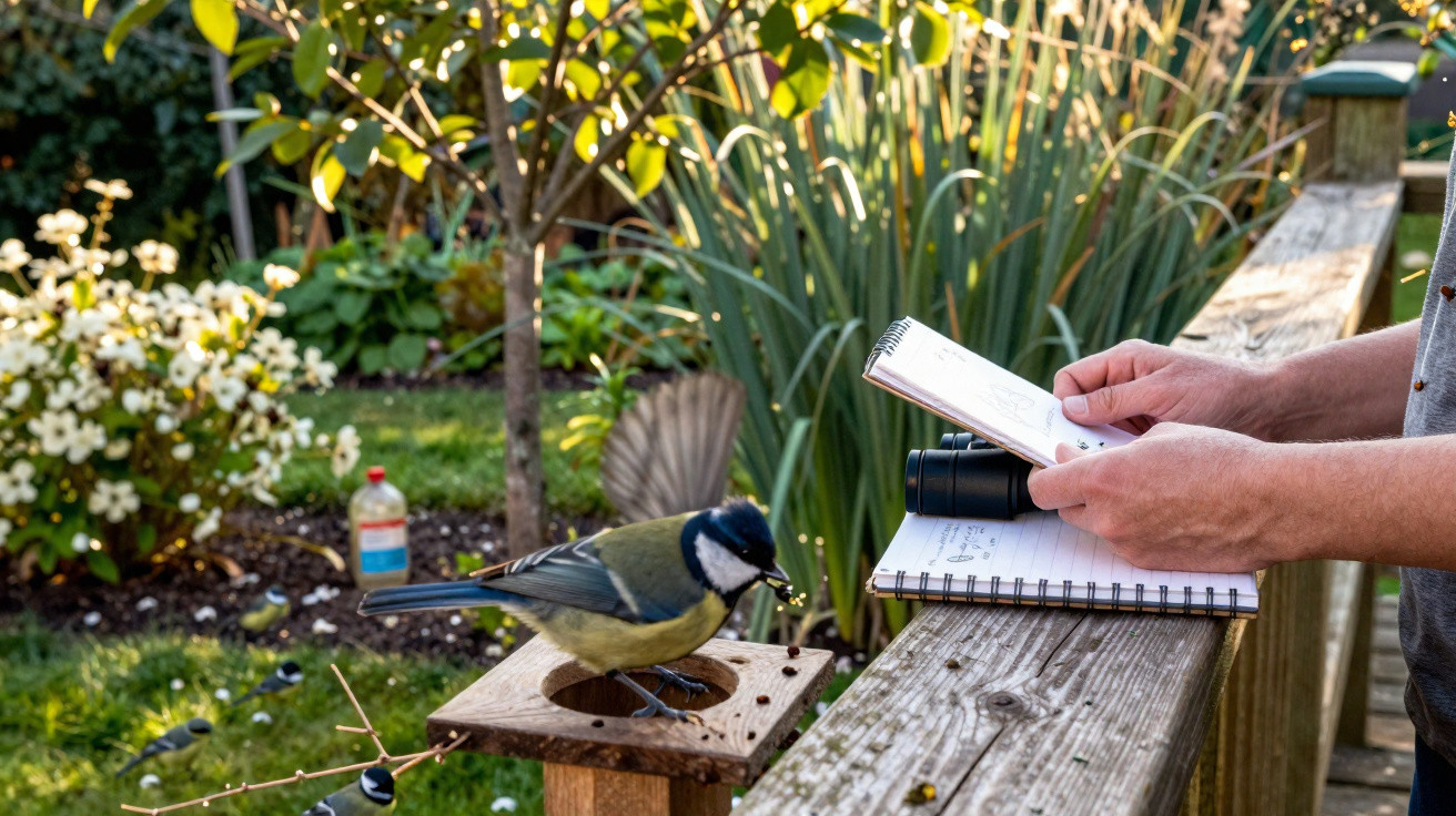 Pessoa a observar e escrever num caderno enquanto um pássaro está pousado numa casinha de madeira num jardim.