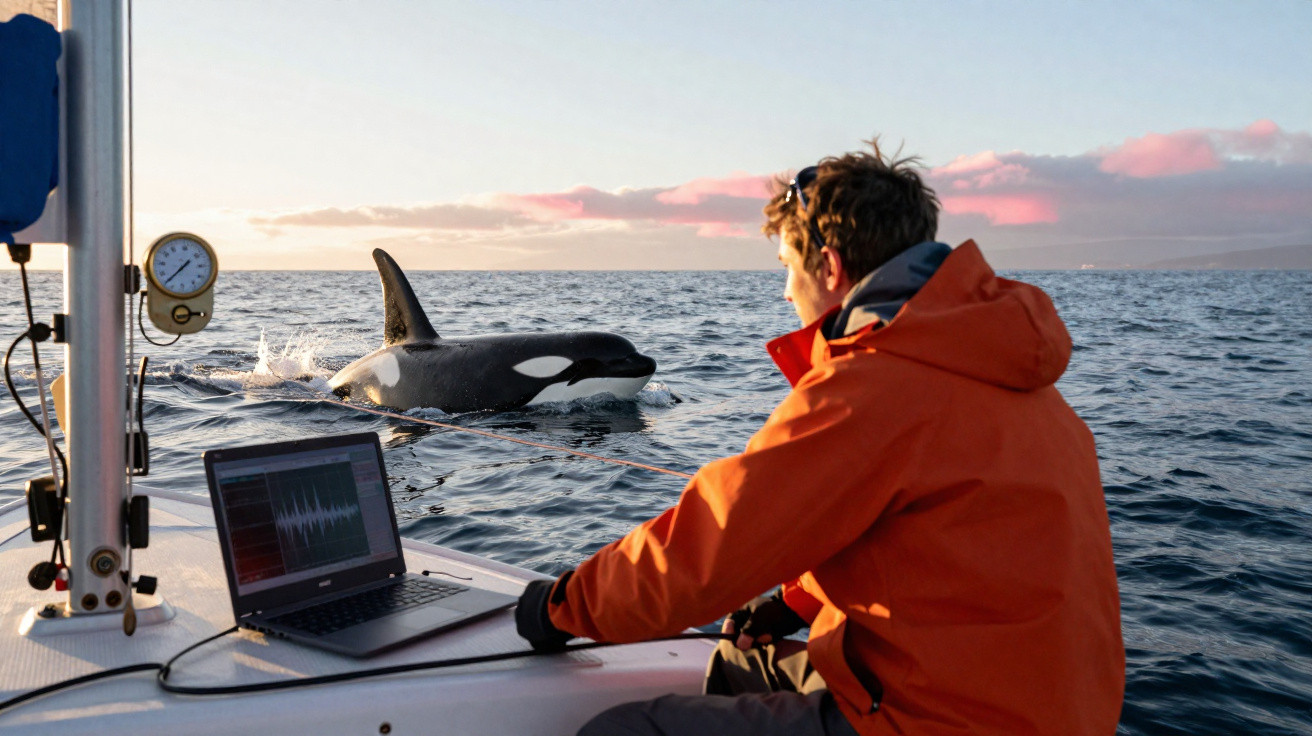 Investigador observa orca perto de barco no mar ao pôr do sol, com laptop a monitorizar sons marinhos.