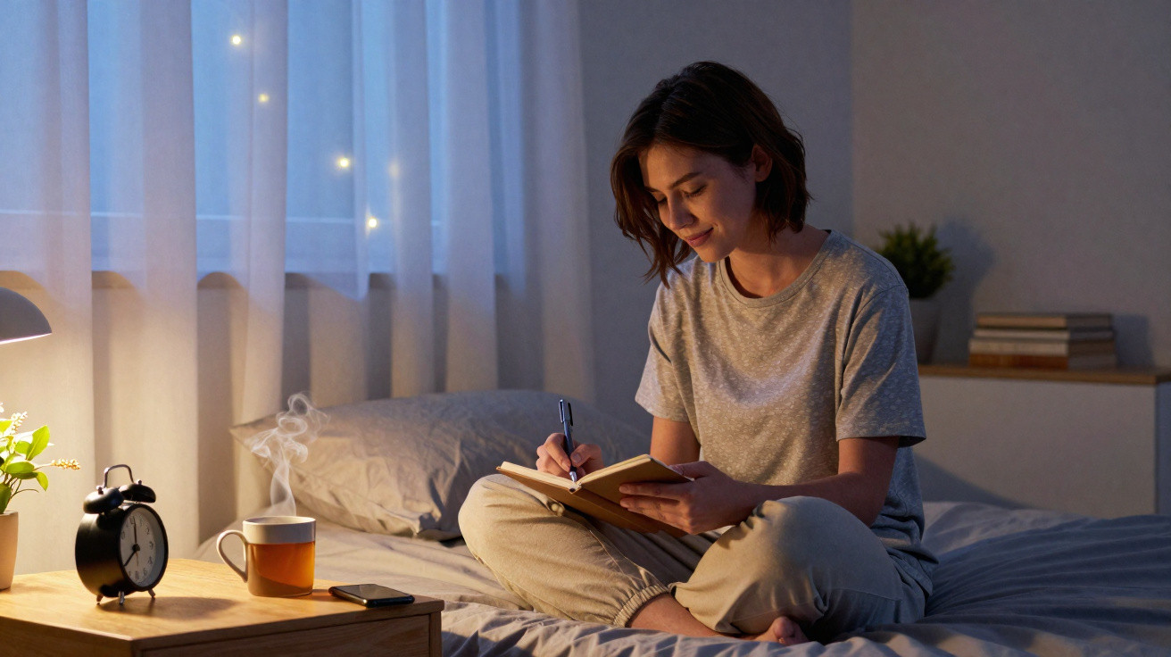 Mulher sentada na cama a escrever num caderno, com uma chávena quente e um despertador numa mesa ao lado.