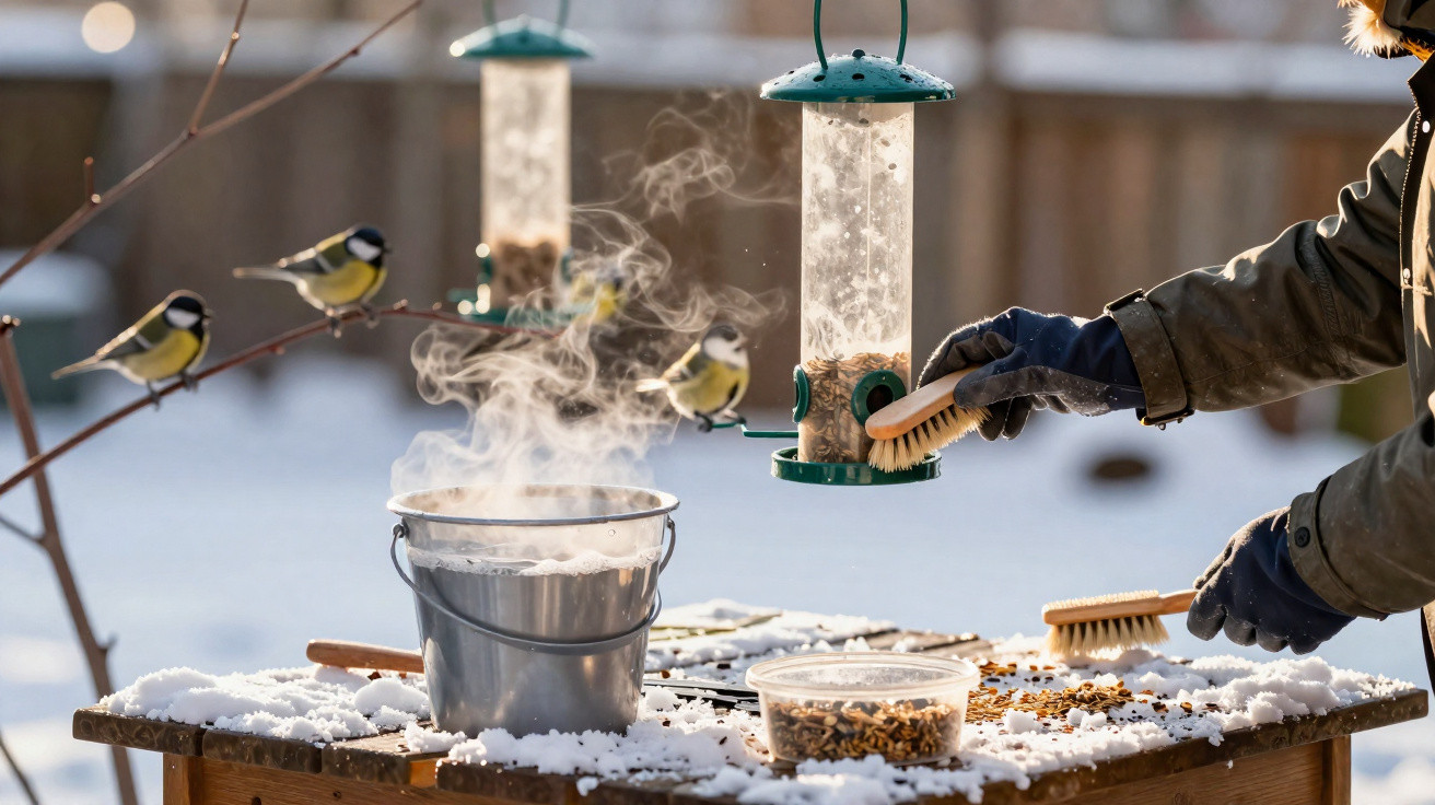 Pessoa a limpar com escova comedouros de pássaros na neve com bucket de água quente a evaporar e aves ao fundo.