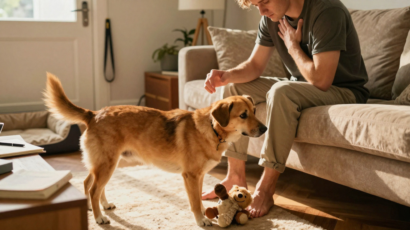 Homem sentado no sofá brinca com cão castanho que tem um brinquedo de peluche no tapete da sala.