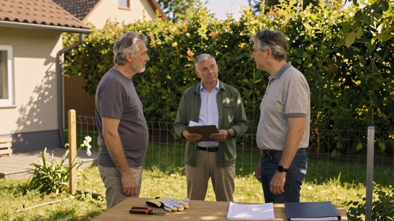 Três homens conversam num jardim junto a uma mesa com documentos e luvas de trabalho.
