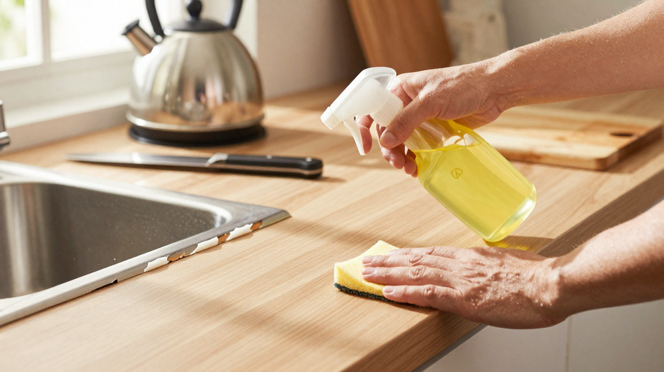 Mãos a limpar uma bancada de madeira com esponja e pulverizador amarelo numa cozinha iluminada.