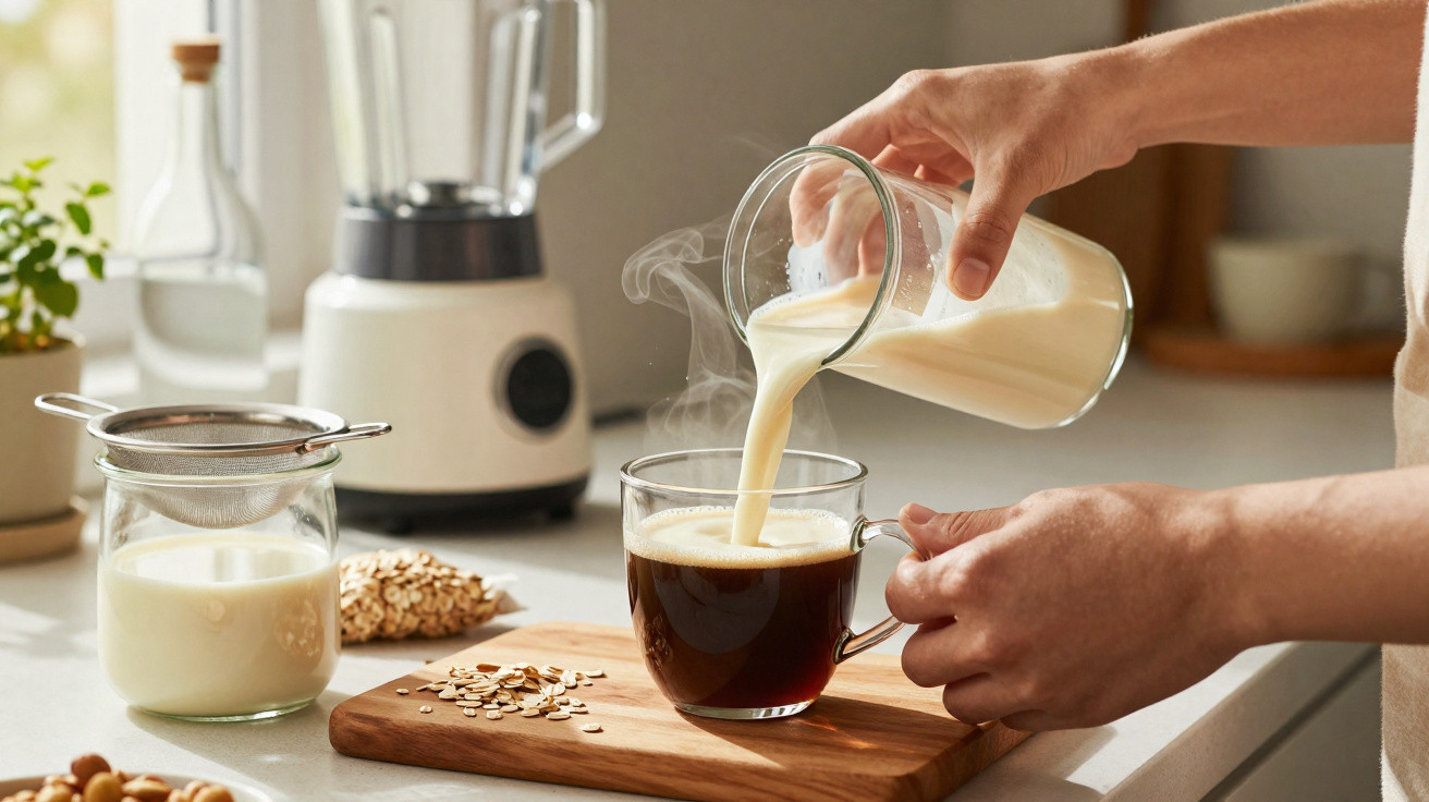 Pessoa a verter leite numa chávena com café, sobre uma bancada de cozinha com utensílios e ingredientes.