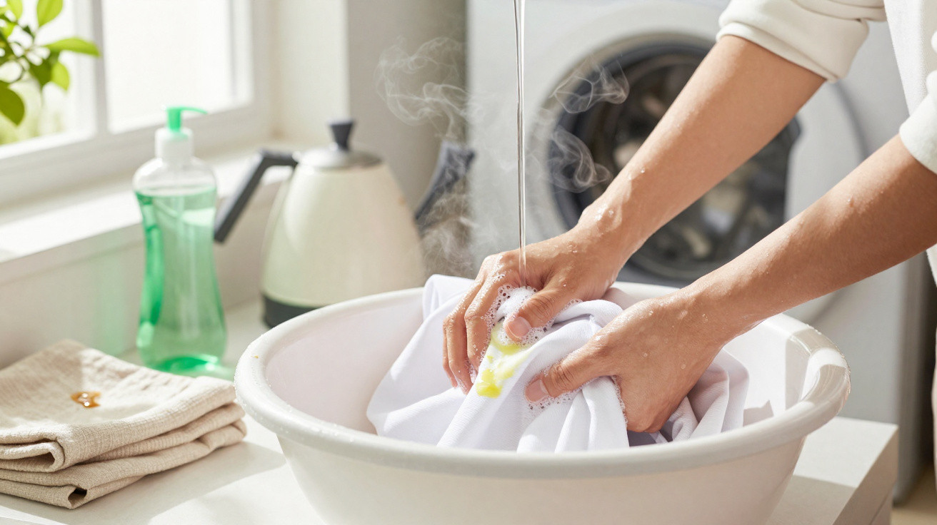 Mãos a esfregar manchas num tecido branco numa bacia com água, detergente e vapor, numa cozinha iluminada.