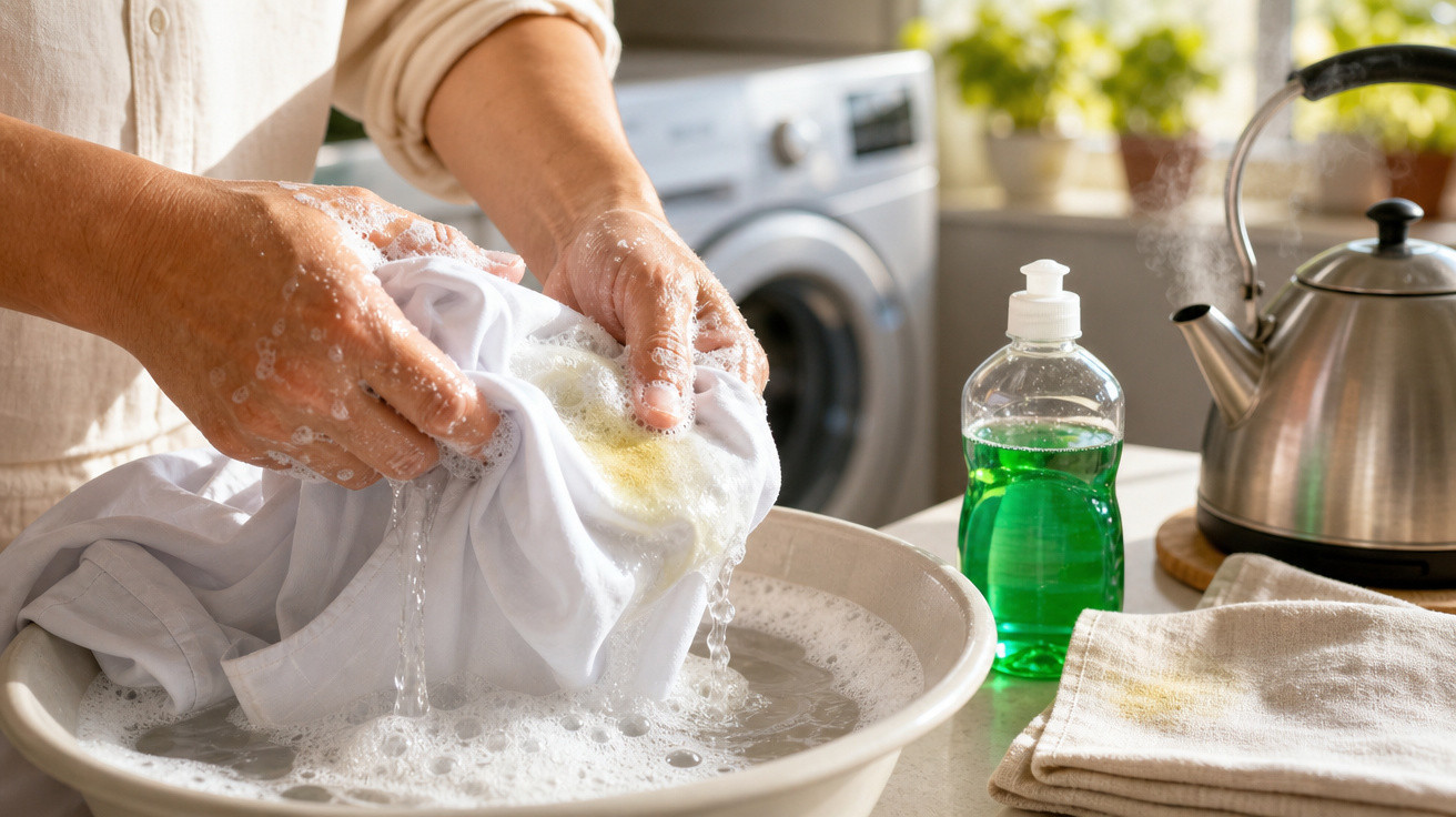 Mãos a lavar roupa branca à mão numa bacia com água e sabão, garrafa de detergente verde ao lado.