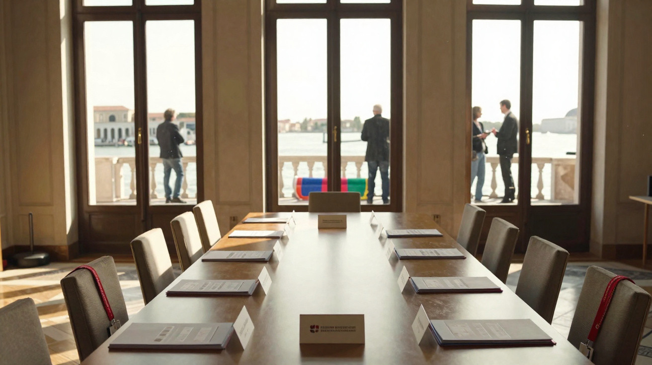 Sala de reunião com mesa comprida, cadeiras e documentos, vista para pessoas e água ao fundo.