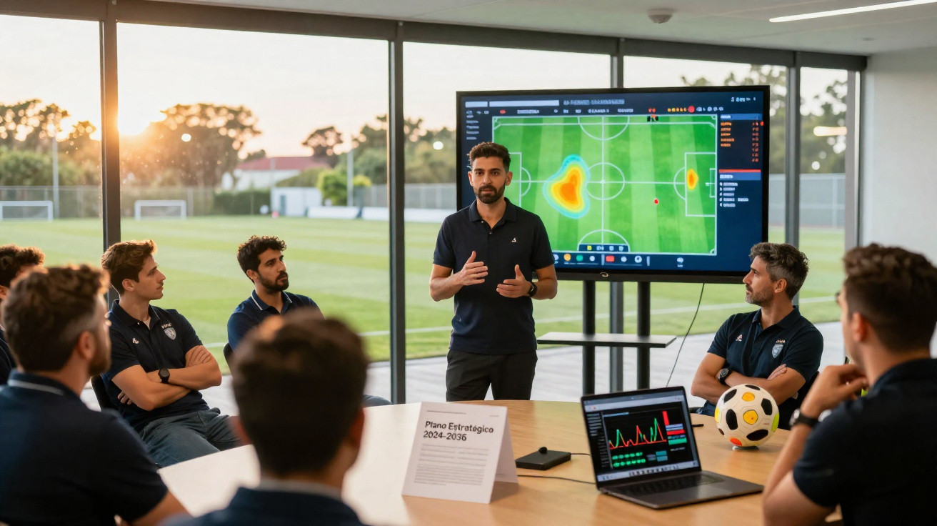Treinador apresenta análise tática de futebol a equipa durante reunião numa sala com vista para o campo.