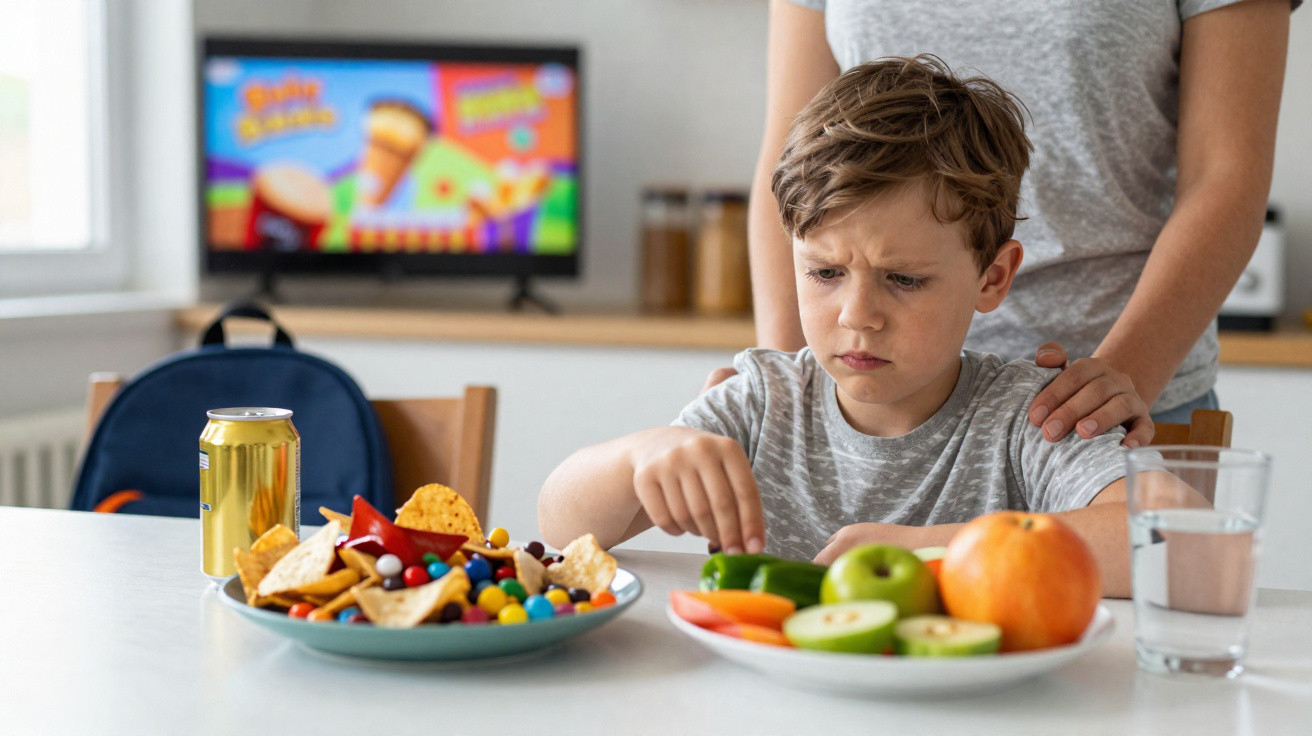 Criança com expressão triste a escolher entre doces e fruta numa cozinha, com um adulto a apoiar-lhe os ombros.