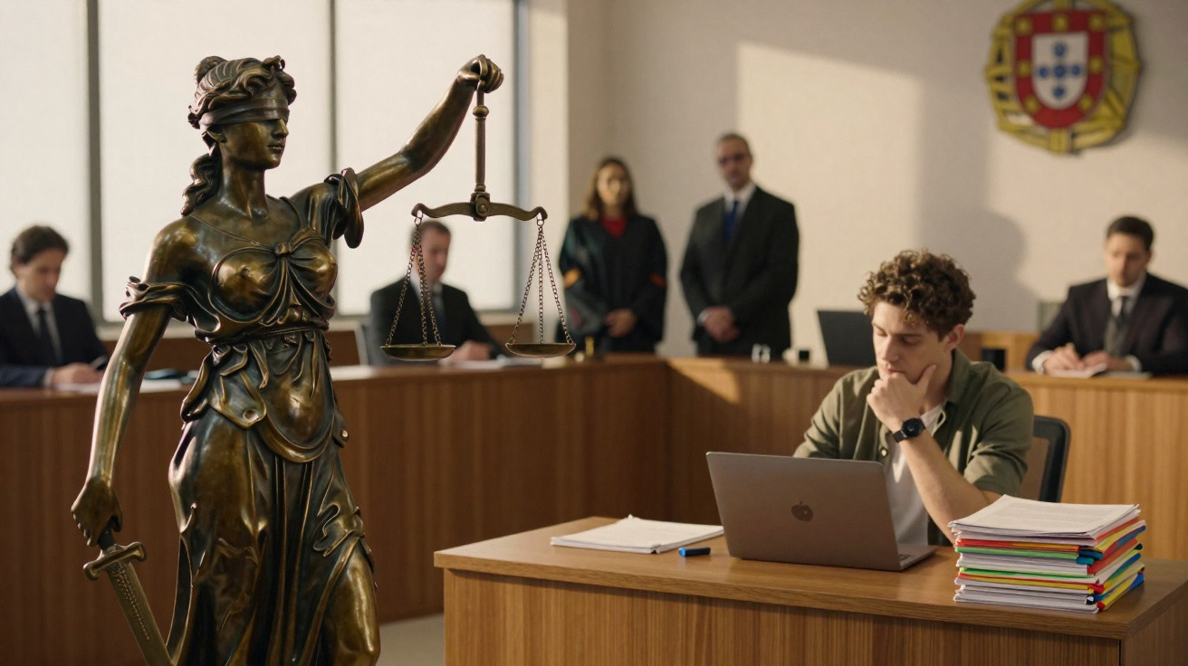 Estátua da justiça com balança em tribunal, jovem a trabalhar com computador e pilha de documentos na mesa.