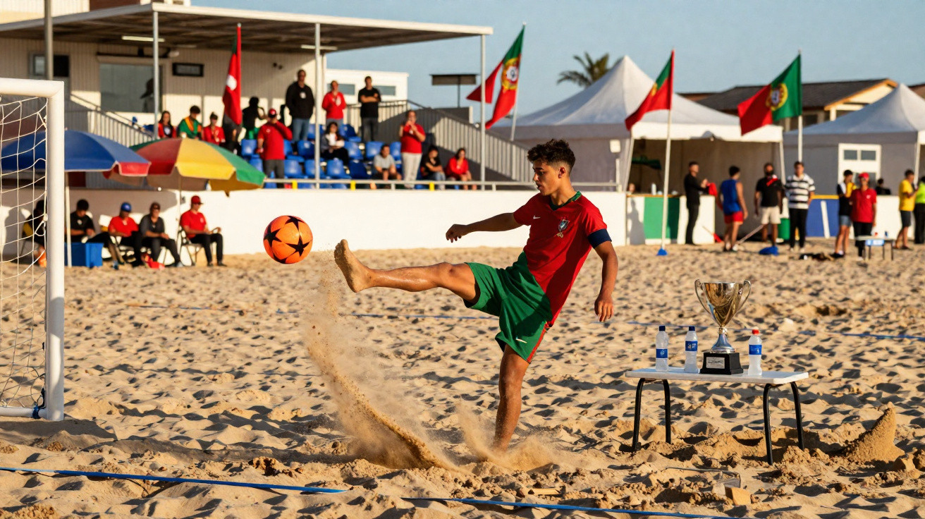 Jogador de futebol de praia a chutar a bola, com troféu e bandeiras de Portugal ao fundo.
